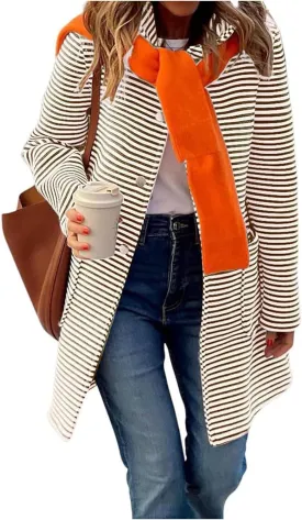 Womens Trench Coats with Hood Lightweight Lapel Button Down Striped Jacket Coat Casual Long Sleeve Outwear with Pocket