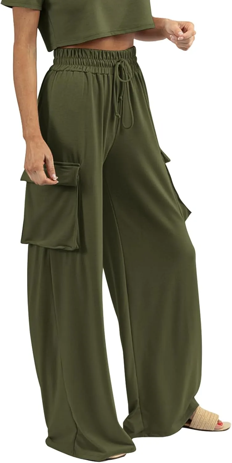 Womens Wide Leg Cargo Pants Flowy Casual Palazzo Pleated Trouser Woman Elastic High Waisted Loose Fit Lounge Pant 2025