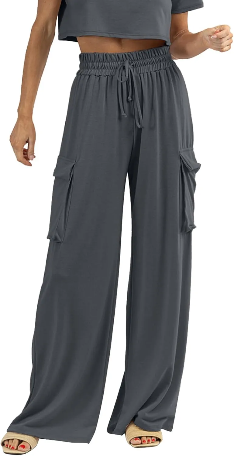Womens Wide Leg Cargo Pants Flowy Casual Palazzo Pleated Trouser Woman Elastic High Waisted Loose Fit Lounge Pant 2025