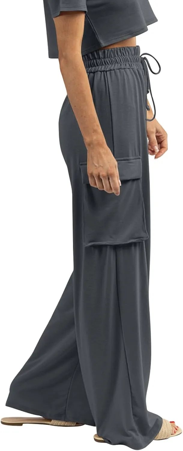 Womens Wide Leg Cargo Pants Flowy Casual Palazzo Pleated Trouser Woman Elastic High Waisted Loose Fit Lounge Pant 2025