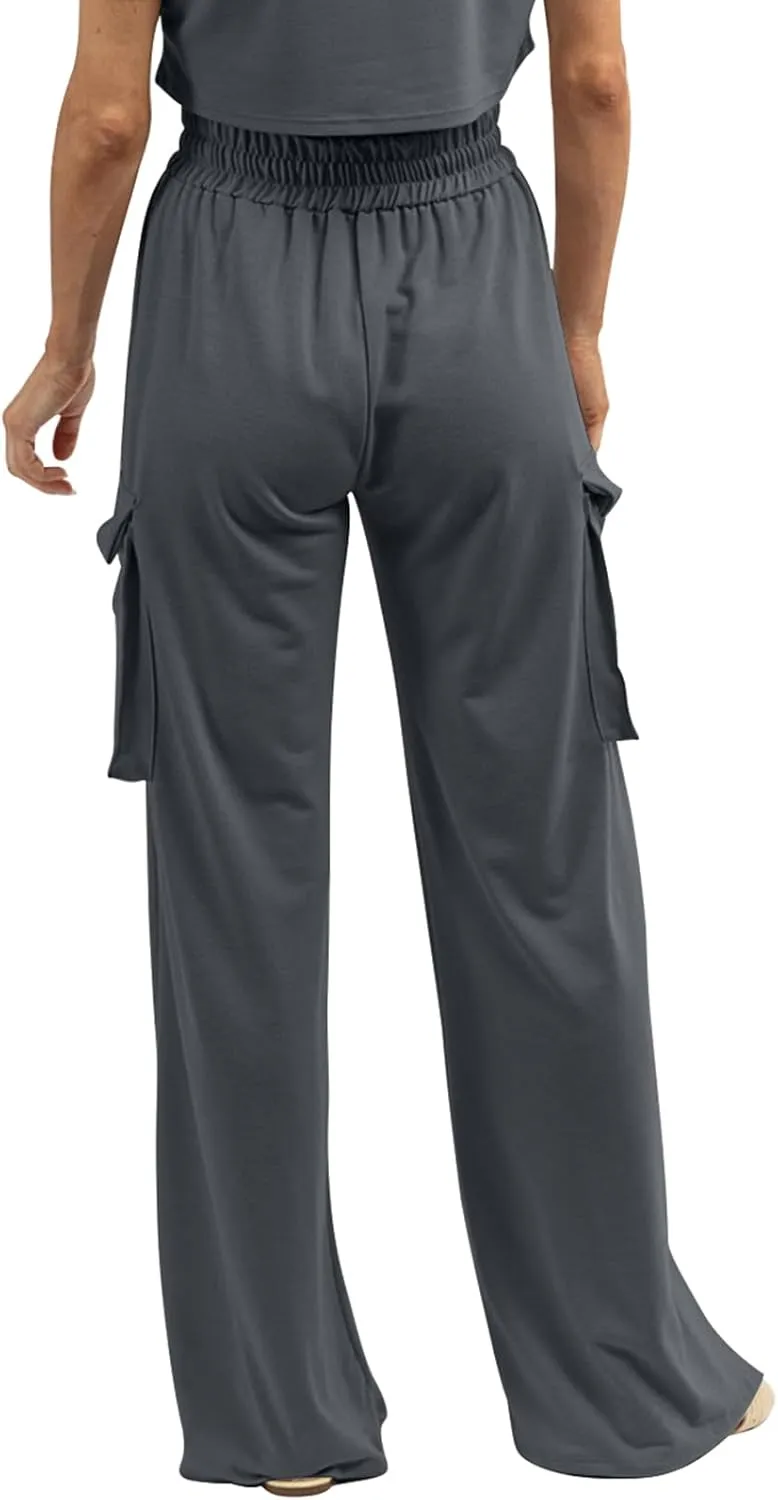 Womens Wide Leg Cargo Pants Flowy Casual Palazzo Pleated Trouser Woman Elastic High Waisted Loose Fit Lounge Pant 2025