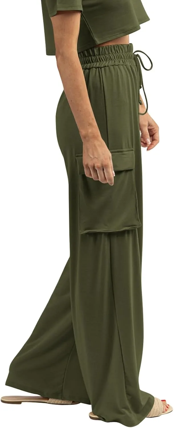 Womens Wide Leg Cargo Pants Flowy Casual Palazzo Pleated Trouser Woman Elastic High Waisted Loose Fit Lounge Pant 2025