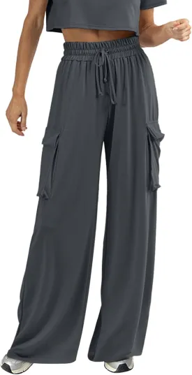 Womens Wide Leg Cargo Pants Flowy Casual Palazzo Pleated Trouser Woman Elastic High Waisted Loose Fit Lounge Pant 2025