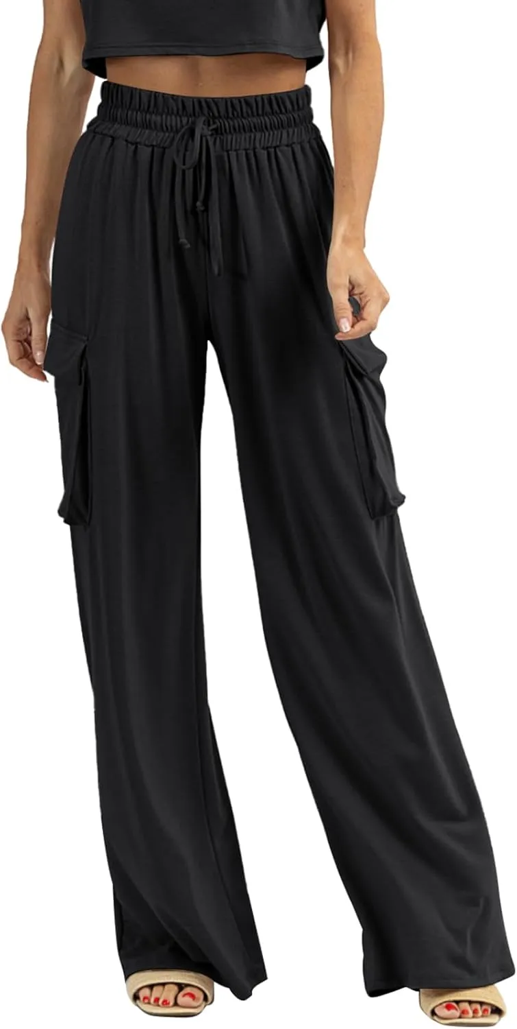 Womens Wide Leg Cargo Pants Flowy Casual Palazzo Pleated Trouser Woman Elastic High Waisted Loose Fit Lounge Pant 2025