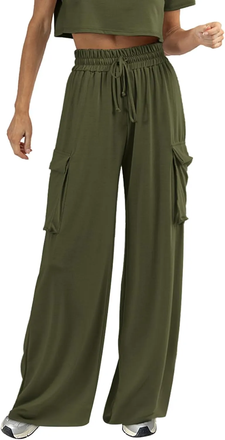 Womens Wide Leg Cargo Pants Flowy Casual Palazzo Pleated Trouser Woman Elastic High Waisted Loose Fit Lounge Pant 2025