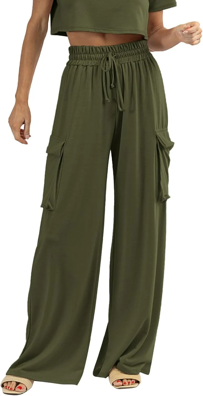 Womens Wide Leg Cargo Pants Flowy Casual Palazzo Pleated Trouser Woman Elastic High Waisted Loose Fit Lounge Pant 2025
