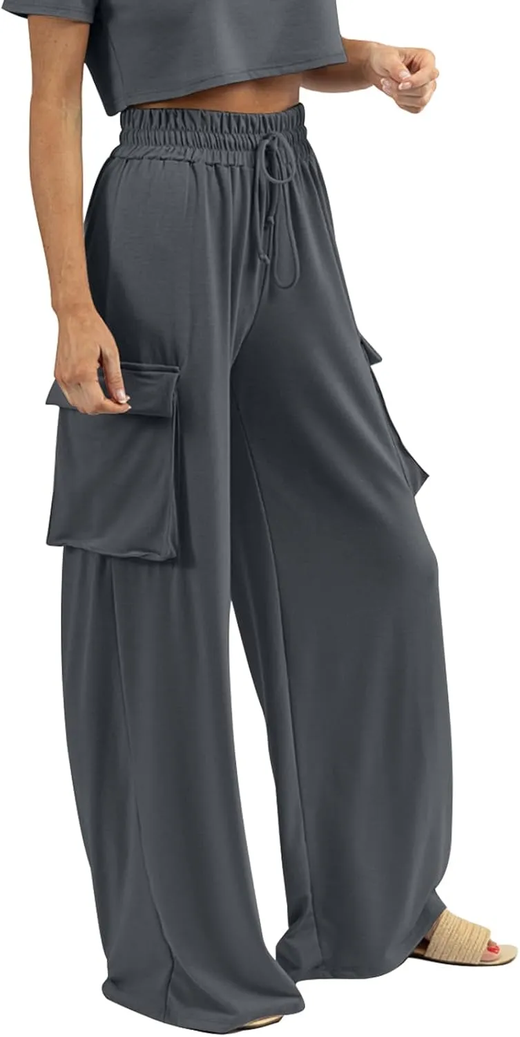 Womens Wide Leg Cargo Pants Flowy Casual Palazzo Pleated Trouser Woman Elastic High Waisted Loose Fit Lounge Pant 2025