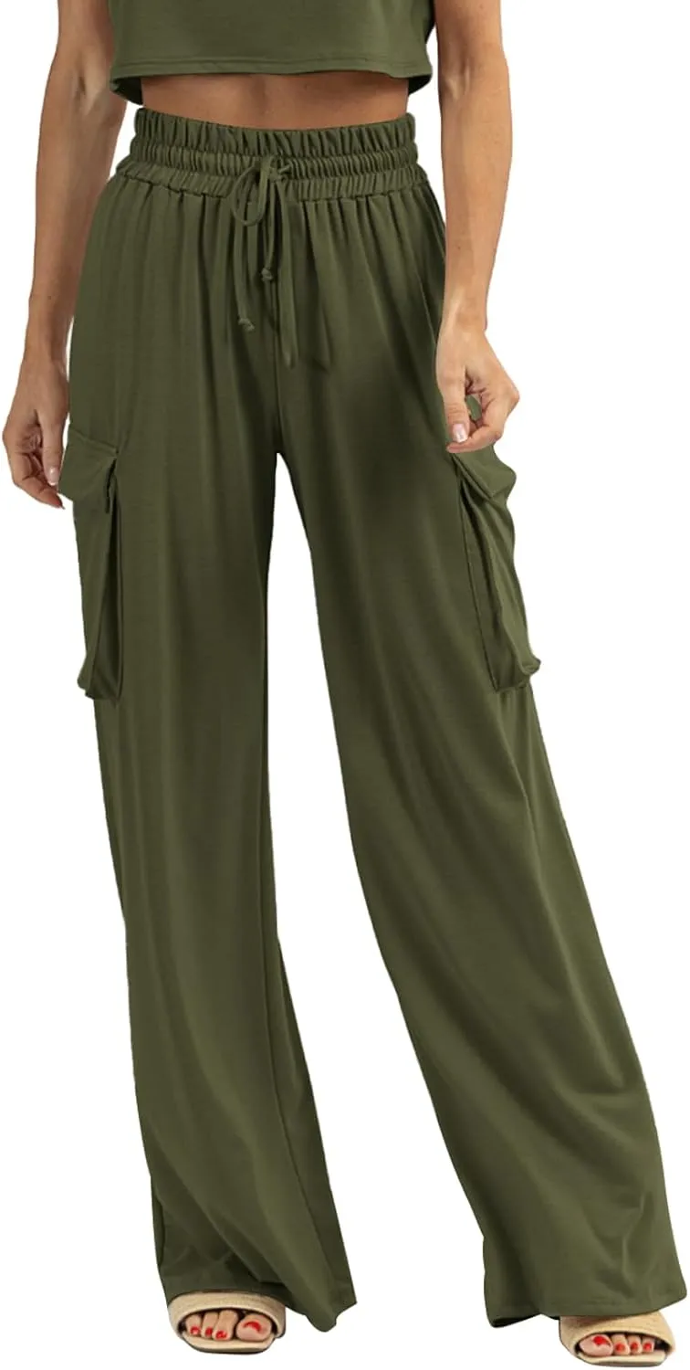 Womens Wide Leg Cargo Pants Flowy Casual Palazzo Pleated Trouser Woman Elastic High Waisted Loose Fit Lounge Pant 2025