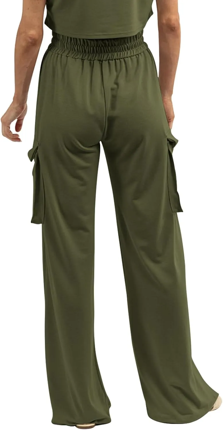 Womens Wide Leg Cargo Pants Flowy Casual Palazzo Pleated Trouser Woman Elastic High Waisted Loose Fit Lounge Pant 2025