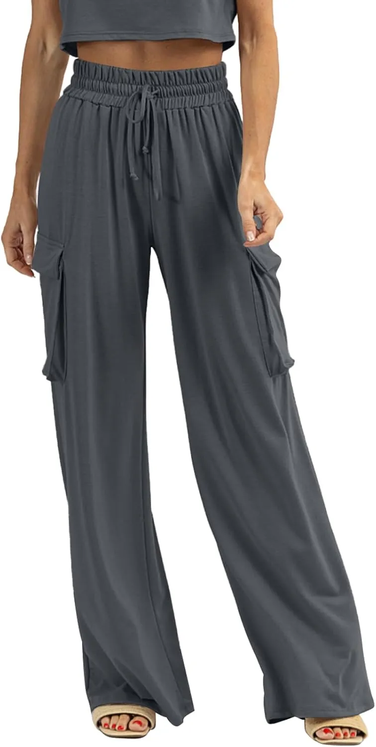 Womens Wide Leg Cargo Pants Flowy Casual Palazzo Pleated Trouser Woman Elastic High Waisted Loose Fit Lounge Pant 2025