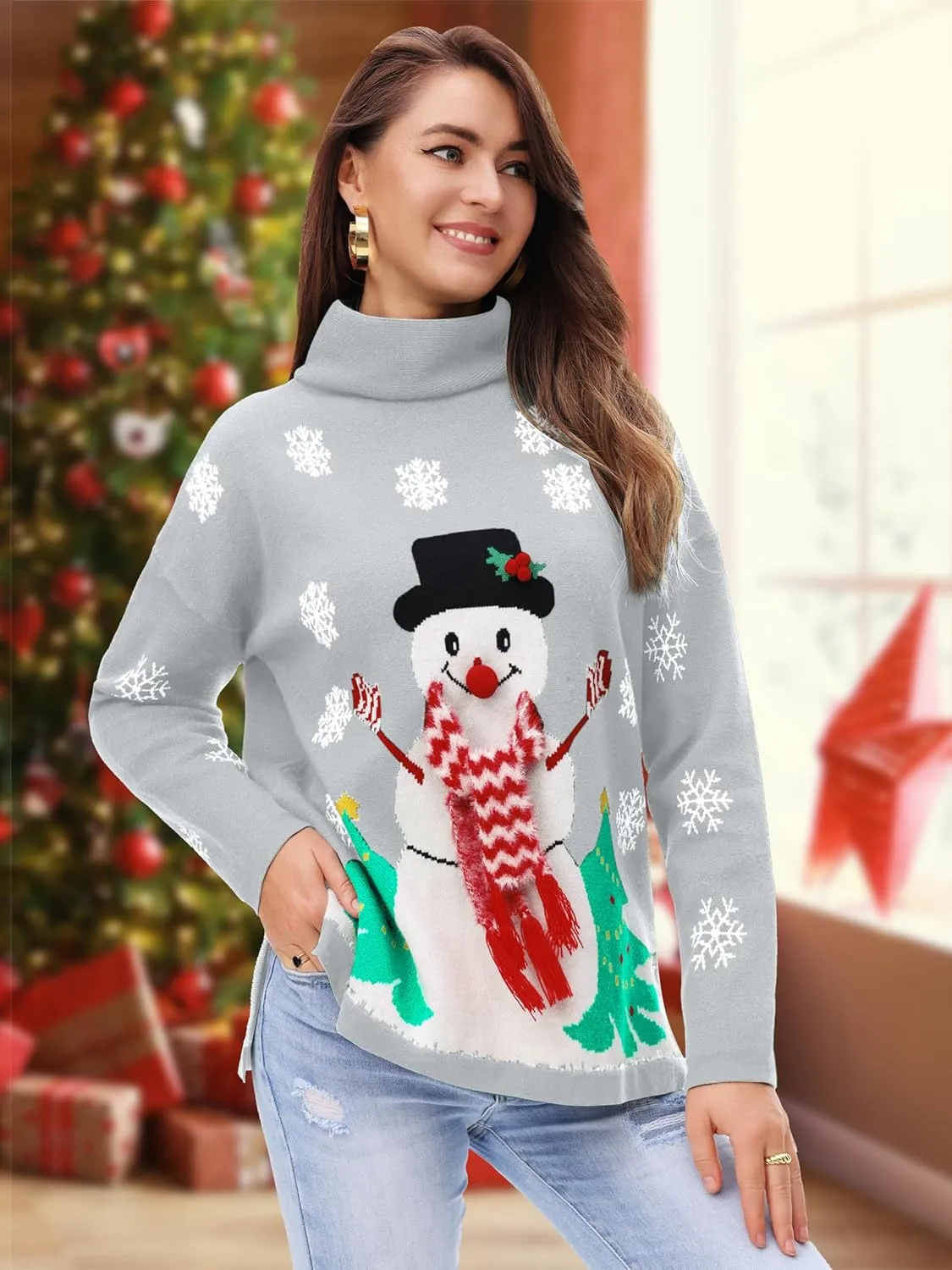 YI XIANG RAN Women's Ugly Christmas Graphic Sweater - Merry Christmas Knit Pullover Turtleneck Oversized Top
