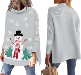 YI XIANG RAN Women's Ugly Christmas Graphic Sweater - Merry Christmas Knit Pullover Turtleneck Oversized Top