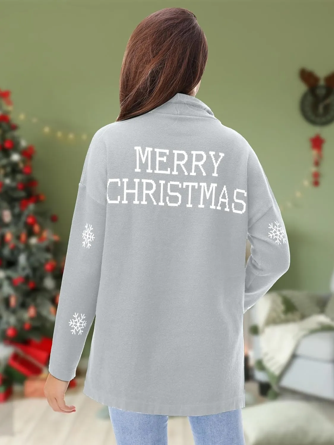 YI XIANG RAN Women's Ugly Christmas Graphic Sweater - Merry Christmas Knit Pullover Turtleneck Oversized Top