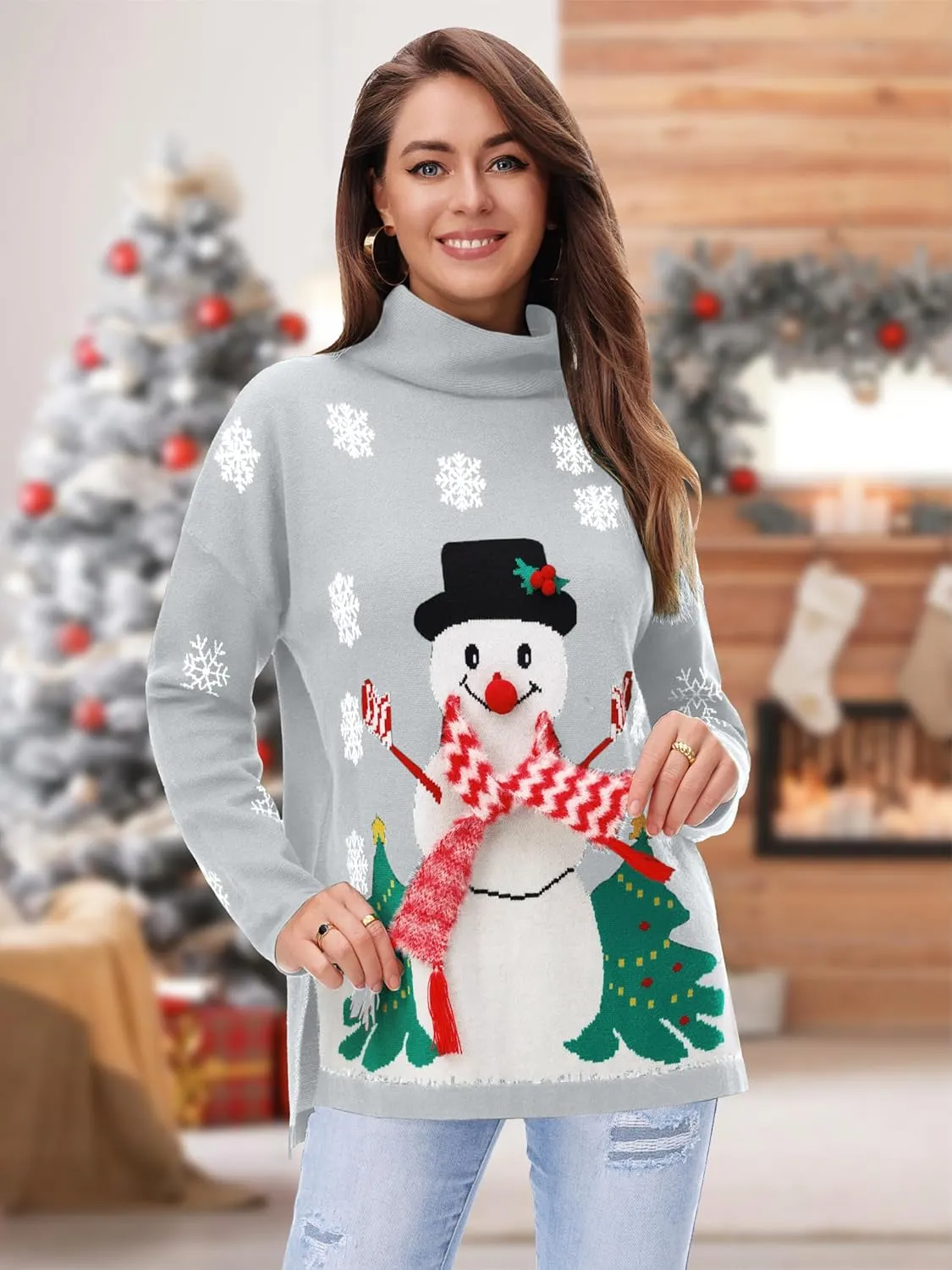 YI XIANG RAN Women's Ugly Christmas Graphic Sweater - Merry Christmas Knit Pullover Turtleneck Oversized Top