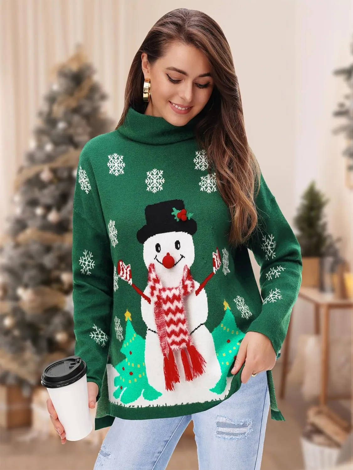YI XIANG RAN Women's Ugly Christmas Graphic Sweater - Merry Christmas Knit Pullover Turtleneck Oversized Top