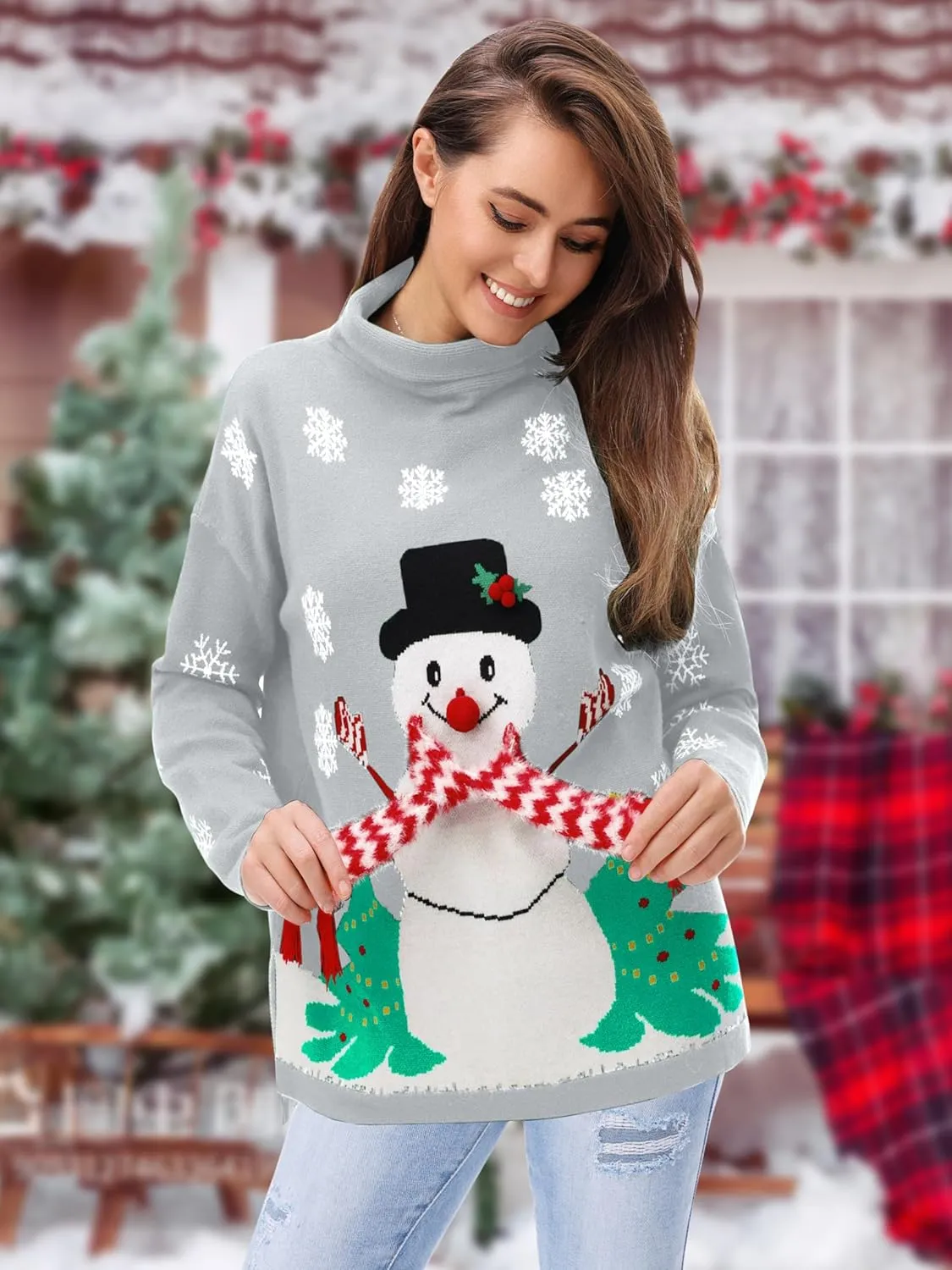 YI XIANG RAN Women's Ugly Christmas Graphic Sweater - Merry Christmas Knit Pullover Turtleneck Oversized Top