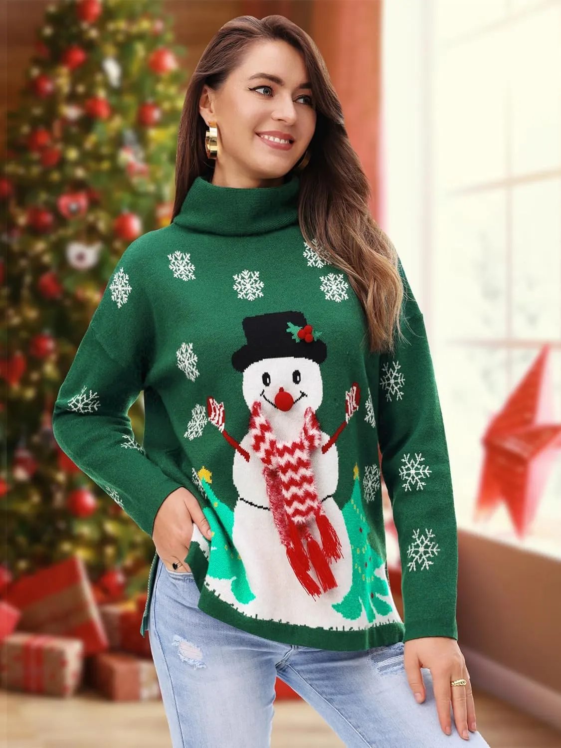 YI XIANG RAN Women's Ugly Christmas Graphic Sweater - Merry Christmas Knit Pullover Turtleneck Oversized Top