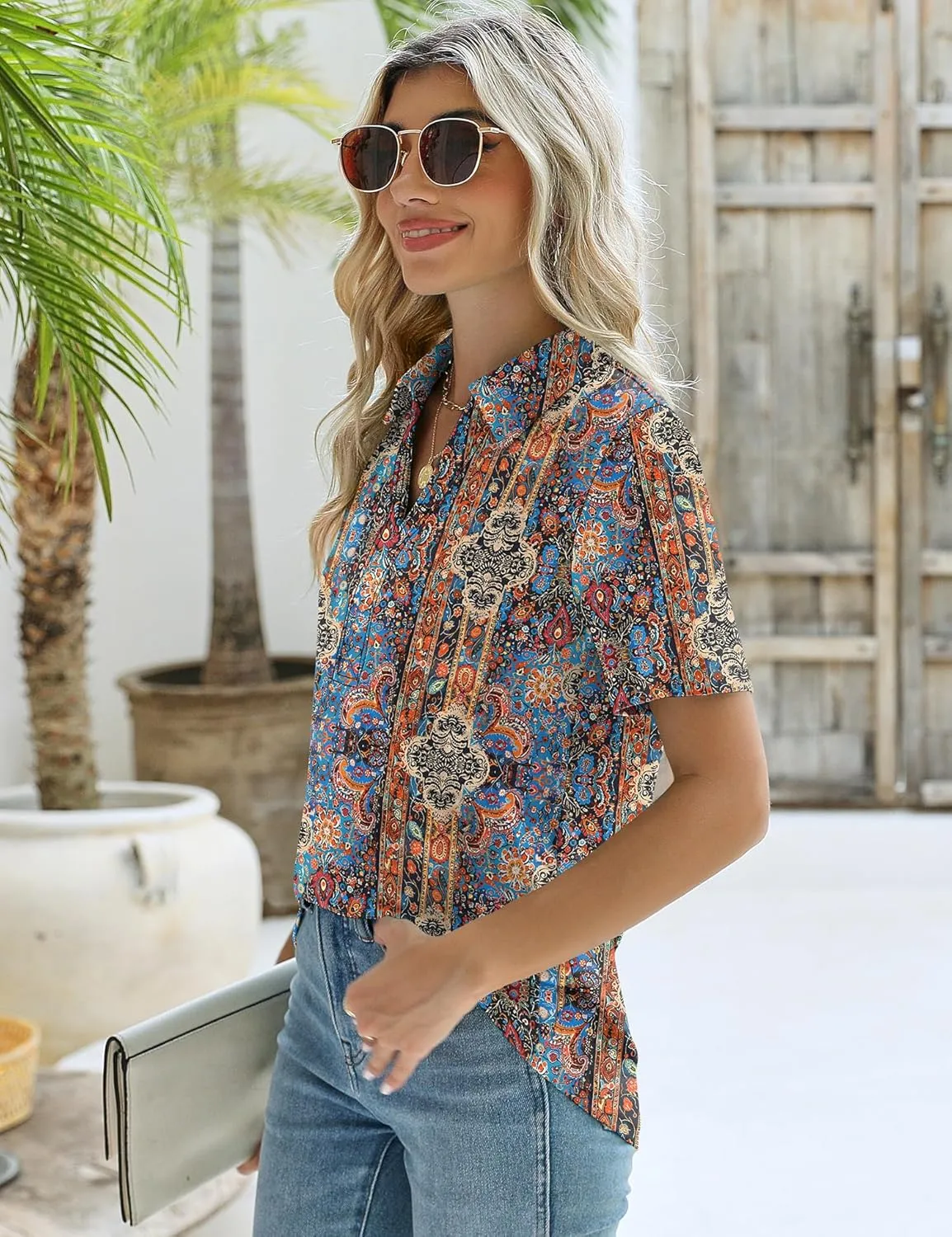 ZHENWEI Women's Short Sleeve V-Neck Polo Shirts Business Casual Work Collared Tops Dressy Johnny Collar Cute Blouses