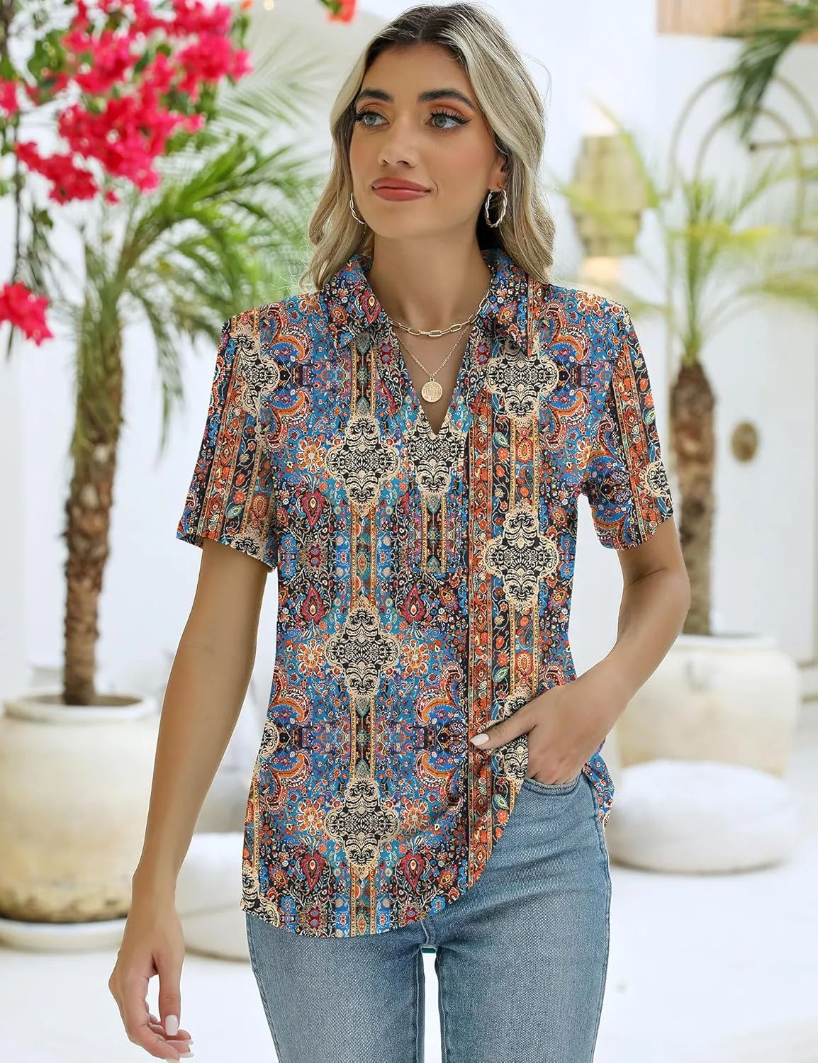 ZHENWEI Women's Short Sleeve V-Neck Polo Shirts Business Casual Work Collared Tops Dressy Johnny Collar Cute Blouses