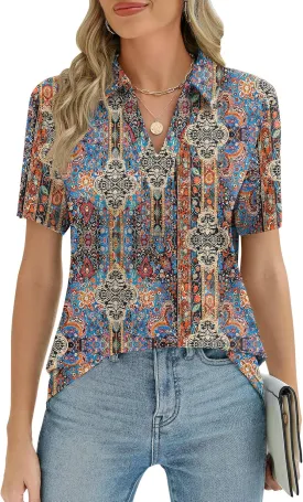 ZHENWEI Women's Short Sleeve V-Neck Polo Shirts Business Casual Work Collared Tops Dressy Johnny Collar Cute Blouses